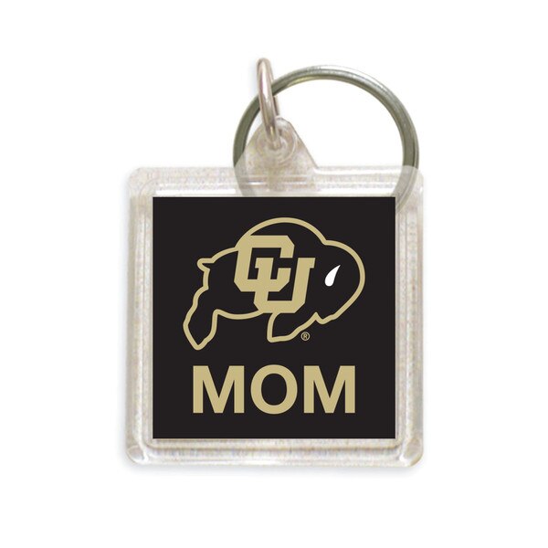 Square clear acrylic keychain with CU Buffaloes logo and “MOM” text on black background